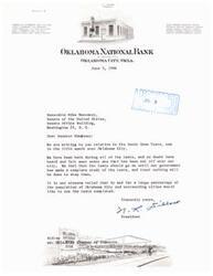 ["The letter is from N. L. Willow, President of Oklahoma National Bank, to Senator Mike Monroney regarding the Sonic Boom Tests over Oklahoma City. Willow expresses support for the tests to continue until the government completes its study, believing that a large percentage of the population in the area would like to see the tests completed."]