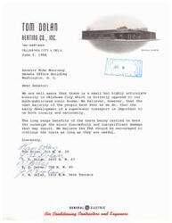 ["Two letters from Tom Dolan Heating Co. and General Electric expressing support for the supersonic transport tests being conducted in Oklahoma City despite opposition from some residents. They believe the tests are important for economic growth and national defense."]