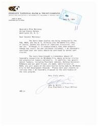 ["John W. Ervin of Fidelity National Bank & Trust Company in Oklahoma City wrote a letter to Senator Mike Monroney expressing support for the Sonic boom studies being conducted in the area. Despite potential property damage, Ervin believes the tests should continue for the benefit of aviation and national recognition. Senator Monroney thanked Ervin for his support and forwarded his statement to the Federal Aviation Agency."]