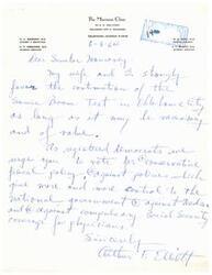 ["The letter is from Dr. A.F. Elliott to Senator Monroney expressing support for continuing the Sonic Boom Test and advocating for conservative fiscal policies. The letter also opposes Medicare coverage for physicians, compulsory Social Security, and centralization of government in Washington. Senator Monroney responds thanking Dr. Elliott for his support and stating that his views will be helpful in avoiding unnecessary spending for aviation advancement."]