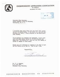 ["Two letters from members of the Independent Appraisers Association of America in Oklahoma City to Senator Mike Monroney expressing support for the Sonic Boom tests being conducted in the state. They believe that the tests are important for the future of the aviation industry and the state, and that any inconvenience caused by the tests is minor compared to the benefits. They also feel that public relations before the tests could have been better to garner more support from the public."]