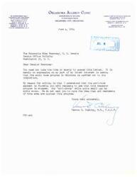 ["The document is a letter dated June 4, 1964, from Dr. Vernon D. Cushing to Senator Mike Monroney expressing support for the sonic boom program in Oklahoma and informing the senator that not all residents are against it. The letter is signed by Dr. Cushing and mentions the Oklahoma Allergy Clinic and its consultants."]