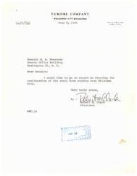 ["The president of Valore Company in Oklahoma City writes to Senator Monroney in Washington D.C. expressing support for the continuation of sonic boom studies over Oklahoma City."]