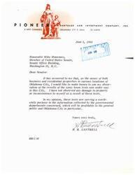 ["The letter is from H. R. Cantrell, owner of properties in Oklahoma City, expressing support for the sonic boom tests being conducted in the city. Cantrell states that he has not observed any damage or inconvenience as a result of the tests and believes they are serving a worthwhile purpose. Cantrell addresses the letter to Senator Mike Monroney."]