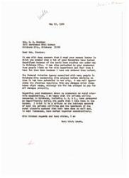 ["Mrs. Emerson is writing to Senator Mike Moroney expressing her concerns about the sonic boom studies in Oklahoma City causing damage to homes. She feels that many Democrats have turned Republican because of the issue and questions the Senator's support for the project. She also mentions the success of private and rural electric companies in Oklahoma. Senator Moroney responds by explaining that the Federal Aviation Agency consulted with many people before scheduling the project in the city and assures that damages will be paid for. He also acknowledges the distress caused by the booms and the success of both private and rural electric companies working together."]