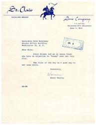 ["The letter is from Homer Dunlap of St. Clair Cavalier Brand Lime Company in Oklahoma City to Honorable Mike Monroney in Washington, D.C. Dunlap expresses that he has no objection to \"booms\" over their city and believes the first of the day is a good way to set one's watch."]