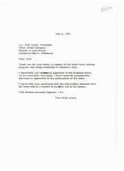 ["The letter is from Jack Clark, President of Clark Motor Company, expressing support for the sonic boom testing program in Oklahoma City. He acknowledges opposition to the tests but believes they will benefit the city and the nation. The letter is addressed to Senator Mike Monroney, urging him to continue supporting the program."]