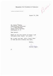 ["Stanley Draper, managing director of the Oklahoma City Chamber of Commerce, thanks Mr. Carter for sending a poem by Mrs. Smith and jokes about not needing to take vitamins after being called a poet."]