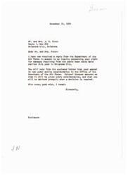 ["Mr. and Mrs. Futch filed a claim for damages resulting from sonic boom tests conducted in Oklahoma City. They have not heard back from the Air Force regarding their claim, but Senator Monroney has contacted the appropriate people to inquire about the status of their claim. The Air Force has denied their claim and an appeal has been forwarded for consideration. The Futch's are frustrated by the lack of communication and are seeking answers."]