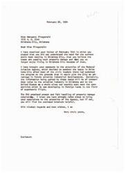 ["Miss Fitzgerald wrote a letter to Senator Mike Maroney expressing her concerns about the sonic boom testing in Oklahoma City, stating that the booms are causing property damage and making living in the city unpleasant. The Senator responded by explaining that the testing was endorsed by civic leaders to benefit the aviation industry and that property damage complaints would be handled promptly. He encouraged Miss Fitzgerald to bring her complaints to the Federal Aviation Agency and included a brochure for assistance."]