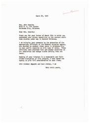 ["Mrs. John Hensley wrote a letter expressing her strong opposition to the sonic boom tests being conducted in Oklahoma City. She believes the tests are causing damage to property and distress to residents. She is asking Senator Mike Monroney to use his power to stop the tests and protect the residents of Oklahoma City. Senator Monroney assures her that he will bring her concerns to the attention of the Federal Aviation Agency and promises fair consideration of her views."]