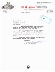 ["R. N. Lucky Fullerton, a bonded and licensed broker of commercial and industrial properties in Oklahoma City, expresses support for the Sonic Boom Tests in a letter to Senator Mike Monroney, stating that the benefits outweigh the damage and noise. He believes the tests are important and necessary for the city and state."]