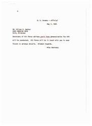["Senator Monroney requested a sonic boom demonstration for the Oklahoma Press Association on behalf of Mr. Milton B. Garber. The Secretary of the Air Force confirmed that the demonstration will be conducted and arrangements will be made in the near future. The demonstration will allow convention delegates to experience various intensities of overpressures. The interest in this phenomenon has been heightened in Oklahoma due to recent tests conducted by the Federal Aviation Agency and the Air Force. Senator Monroney requested a commitment from the Air Force by May 6."]