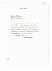 ["The author received a letter from Dr. H. H. Hobbs expressing support for completing sonic boom studies in Oklahoma City. The author appreciates Dr. Hobbs' articulate expression and understanding on the matter. The author expresses gratitude for the letter and sends well wishes."]