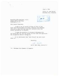["The letter is in support of Sonic Boom Studies being conducted over Oklahoma City, urging for the tests to continue until the needed information is obtained. The writer expresses pride in their city being chosen for the tests and notes that there are vocal \"anti forces\" against it. The letter is addressed to Senator Mike Monroney."]