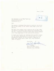 ["W. O. Holden writes to Senator A. S. \"Mike\" Monroney in support of the Sonic Boom Studies being conducted in Oklahoma City by the FAA, NASA, and the U.S. Air Force. Holden believes that continuing these tests is important for the state and the nation, and that Oklahoma City is the logical choice for the location due to the presence of the FAA Aeronautical Center. Holden believes that the successful completion of these tests will contribute to making 1964 a successful year for Oklahoma."]