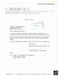 ["The Oklahoma Electrical Supply Co. expresses their belief that Sonic Boom studies in Oklahoma City are important and serve a useful purpose. They do not believe any major damage has occurred and hope the studies will be completed. The letter is addressed to Senator Mike Monroney and signed by Stanley Hirsch, President of the company."]