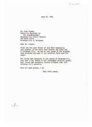 ["Mr. Alex Higdon, Executive Assistant to the Superintendent of Oklahoma City Public Schools, wrote a letter to Senator Mike Monroney expressing support for the sonic boom studies being conducted in Oklahoma City. He believes that the benefits will outweigh any potential damage and considers the experiment to be important for the area. Senator Monroney responded, thanking Mr. Higdon for his support and recognizing the progress Oklahoma has made in the aviation field."]