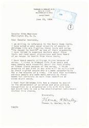 ["Dr. Thomas H. Henley writes to Senator Mike Monroney expressing his support for the Sonic Boom tests in Oklahoma City, stating that there is no danger to health from the tests and criticizing those who oppose them. Senator Monroney responds, thanking Dr. Henley for his input and forwarding his letter to the Federal Aviation Agency officials responsible for the study."]