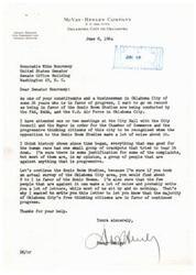 ["Deny Henley, Vice-President and General Manager of McVey-Henley Company in Oklahoma City, writes to Senator Mike Monroney expressing his support for the Sonic Boom Studies being conducted in the city. He believes that the opposition to the studies is unfounded and that the majority of citizens are in favor of progress. Henley urges the Senator to continue the studies despite the complaints from a vocal minority."]