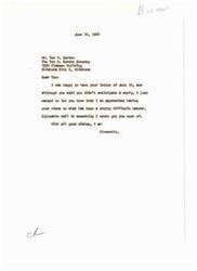 ["The first letter is a response to a letter from Tom P. Gordon expressing gratitude for his views on a difficult matter. The sender appreciates the correspondence and wishes him well. The second letter is from Tom P. Gordon to Mike Monroney, commending him for his support of Sonic Boom Tests in Oklahoma City and expressing agreement with the majority who believe the tests are important for the city's prosperity and the nation's SST Development Program. The letter does not anticipate a reply and thanks Monroney for his leadership."]