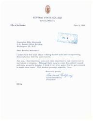 ["The President of Central State College in Edmond, Oklahoma, wrote a letter to Senator Mike Monroney expressing support for sonic boom tests, despite complaints from the public about noise and property damage. The President believes that these tests are important for the future of aviation and the country."]