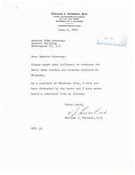 ["Dr. William J. Forrest, a plastic and reconstructive surgeon, is writing to Senator Mike Monroney to express his support for continuing Sonic Boom studies and promoting aviation in Oklahoma. He mentions that he has not been disturbed by the tests and has not heard any complaints from his friends."]
