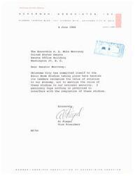 ["The letter is addressed to Senator Monroney expressing support for Sonic Boom Studies in Oklahoma City due to their economic and national security value. The author hopes that nothing interferes with the completion of these studies."]