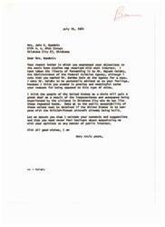 ["Mrs. Goodwin sent a letter expressing her objections to sonic boom studies to Senator Monroney, who forwarded it to the Federal Aviation Agency. She is concerned about the impact of the booms on citizens in Oklahoma City and questions the benefits of the tests. Another letter to the editor suggests that the complaints about the sonic booms may be coming from outsiders rather than native Oklahomans."]