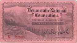 ["A ticket for delegates to the Democratic National Convention in Denver, Colorado in July 1908, issued to Wm Murray. Printed by Woodward & Tiernan Printing Co. in St. Louis."]
