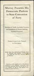 ["Governor William H. Murray presented his Democratic platform at the Oklahoma Democratic State Convention, focusing on revision of tariffs, equitable taxation, and the installation of a Scotch banking system. He emphasized the importance of protecting the middle class from extinction and promoting economic opportunity for all. The platform also called for the repeal of a 10% tax that had negatively impacted producers and small businesses. Murray advocated for the implementation of the Scotch banking system and for qualified individuals from various industries to be appointed to the federal banking board. The platform highlighted the need for a fair and efficient banking system that benefits producers and small businesses."]