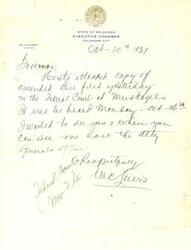 ["The document is a communication from the State of Oklahoma's Executive Chamber in Oklahoma City, signed by Governor WM. H. Murray on October 20, 1931. It mentions an amended brief filed in Federal Court that needs to be heard on Monday. The governor invites recipients to call the Attorney General's office for further information."]