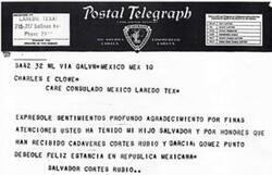 ["The document is a telegram expressing deep gratitude for the kind attention given to the sender's son, Salvador, and for the honors received by the deceased. The sender wishes the recipient a happy stay in Mexico."]