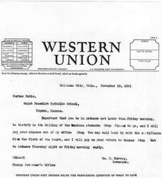 ["The document is a telegram sent to Cortez Rubio from Vin. H. Murray, Governor of Oklahoma, requesting Rubio to be in Ardmore to testify in a case involving the killing of Mexican students. The Governor offers to pay for Rubio's expenses and instructs him to arrive in Ardmore on Thursday night or Friday morning. Rubio is asked to call back with a certificate from the Clerk of the Court. The message is to be charged to the Governor's office."]