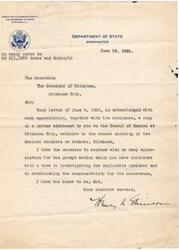 ["The document is a letter dated June 15, 1931, from the Department of State in Washington, D.C. to the Governor of Oklahoma, acknowledging receipt of a letter regarding the shooting of two Mexican students in Ardmore, Oklahoma. The Department of State expresses appreciation for the Governor's prompt action in investigating the incident and establishing responsibility. The document is signed by Henry L. Thinson."]