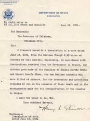 ["The document is a letter from the Department of State to the Governor of Oklahoma, thanking him for his kindness and assistance in arranging the transportation of the remains of two Mexican students who were killed in Ardmore. The document includes a translation of a note from the Mexican Charg d'Affaires expressing gratitude on behalf of the families of the students."]