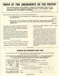 ["The document is seeking opinions on two proposed amendments to limit the tenure of the Presidency. One option is to make Presidents ineligible for reelection after serving two terms, while the other option is to have a single term of seven years with no possibility of reelection. The Committee is seeking input on which option is preferred and hopes to introduce the amendment in Congress. Contributions are also being requested to support the campaign for the amendment."]