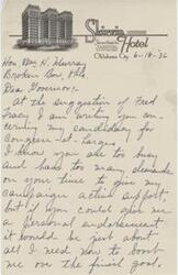 ["The document is from Maude O. Thomas, representing the Skirvin Hotel, Inc., to Governor H. H. Murray. Thomas is seeking the Governor's support and endorsement for their candidate in a Congressional race. Thomas acknowledges past kindness from the Governor and promises to repay the favor in the future. Thomas also mentions difficulties faced in the Panhandle region due to drought and dust losses. The document ends with thanks and regards to Governor Murray."]
