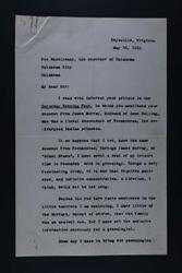 ["The document is from Alice Goode Crump-Bouldin to the Governor of Oklahoma, discussing their shared descent from Pocahontas through James Murray. Alice is seeking information on the Murray family in Scotland and their migration to the US for genealogical research. The document includes a detailed lineage from James Murray and Anne Bolling to Alice Goode Crump-Bouldin, emphasizing their connection to historical figures and notable individuals."]