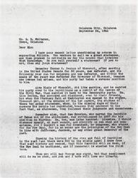 ["In a letter dated September 24, 1940, William H. Murray responds to criticism from Mr. S. B. Whitaker for supporting Willkie. Murray defends his decision by referencing historical figures who were initially criticized but later honored for following their conscience. He expresses concern that the New Deal and a potential third term for Roosevelt will lead to the downfall of the Republic. Murray denies being paid for his actions and emphasizes his commitment to fighting against the New Deal."]