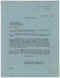 ["The document is from A. L. Warren, Secretary to Congressman George B. Schwabe, responding to a letter from Mr. H. P. Knecht regarding Regulation W issued by the Federal Reserve Board. The document states that controls on single payment loans have been eliminated and only about 12 articles are still regulated. A copy of the new revision and list of regulated articles will be sent to Mr. Knecht once received. Congressman Schwabe will be informed about the matter upon his return to Washington and will take necessary action. Mr. Knecht expresses concerns about the impact of Regulation W on consumers and suggests abolishing it."]