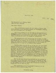["The document acknowledges receipt of a communication from Mayor Nelson regarding the War Mobilization and Reconversion Act. Procedures for municipalities in Oklahoma to obtain aid are still being formulated. The Division Engineer in charge of handling applications for the region including Texas, Louisiana, and Oklahoma is Mr. James Bradner. The Federal Works Agency will not announce procedures until funds are appropriated. Congressman Schwabe will keep Mayor Nelson informed of any progress on the matter. A previous letter from Mayor Nelson to Congressman Schwabe requesting information on the Federal Works Agency is also mentioned."]
