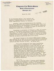 ["George B. Schwabe, a member of the United States House of Representatives from Oklahoma, conducted an investigation into the benefits that cities in Oklahoma could receive under Title V of the War Mobilization and Reconversion Act of 1944 for post-war planning. He received confirmation from the General Counsel of the Federal Works Agency that the Act allows for advances to be made by the Federal Government to cities for planning projects, with the understanding that repayment would only be required if the projects are actually undertaken. Schwabe addressed concerns that some city authorities had about incurring debts for planning expenses, emphasizing that the Act provides authority for such advances. He offered his cooperation to assist cities in executing their post-war plans efficiently."]