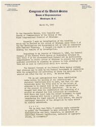 ["George B. Schwabe, a member of Congress, conducted an investigation into the benefits available to cities in Oklahoma under Title V of the War Mobilization and Reconversion Act of 1944 for post-war planning. The General Counsel of the Federal Works Agency confirmed that cities in Oklahoma could receive advances from the Federal Government for planning projects after the war, with the understanding that repayment would only be required if the project was actually undertaken. Schwabe addressed misconceptions about cities in Oklahoma being prohibited from incurring debt for planning purposes and offered his cooperation to help cities execute their post-war plans without delays."]