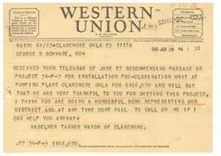 ["The document is a telegram discussing the approval of Project 34-P-5 for the installation of pre-chlorination unit equipment at a pumping plant in Claremore, Oklahoma. The mayor of Claremore expresses gratitude for the approval and praises the recipient for their work representing the district. The telegram also includes accounting information and instructions on the class of service desired for the message. Additionally, there is a separate telegram informing the mayor of Claremore about the approval of the project and providing advance information on the estimated cost."]