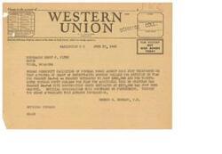["The document is a telegram sent on June 27, 1945, informing Mayor Olney F. Flynn of Tulsa, Oklahoma, that grants totaling $11,250 have been approved for post-war planning of two projects: the revision of the Tulsa Water Plant and additional work on the Spavinaw Dam. The sender, George B. Schwabe, M.C., provides this advance information and mentions that official confirmation will likely follow."]