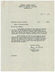 ["The Federal Works Agency has approved the advance of Federal funds for the plan preparation of public works in various locations in Oklahoma. The purpose of these advances is to encourage states, agencies, and political subdivisions to prepare drawings and specifications in order to promptly undertake construction when materials and manpower become available. The document is addressed to Honorable George B. Schwabe and signed by May H. Feud and George H. Field."]