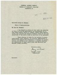 ["The Federal Works Agency's Bureau of Community Facilities has approved the advance of Federal funds for the preparation of public works under the War Mobilization and Reconversion Act of 1944. The purpose of the advance is to encourage states and their agencies to prepare for the construction of public works when materials and manpower become available. The document is addressed to Honorable George B. Schwabe, a member of the House of Representatives."]