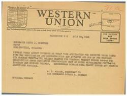 ["The document is a telegram regarding the approval of federal funds for the planning of public works projects in various cities in Oklahoma. The telegram provides details of the approved funds and the purpose of the advance, encouraging the prompt initiation of construction projects when materials and manpower become available. The telegram is addressed to Congressman George B. Schwabe and signed by Rong H. Feud and George H. Field."]