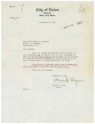 ["The document is a thank you letter from the Mayor of Tulsa, Olney F. Flynn, to Congressman George B. Schwabe for helping obtain approval for funding for improvement of water facilities in Tulsa. The document expresses gratitude for past favors and ends with well wishes."]